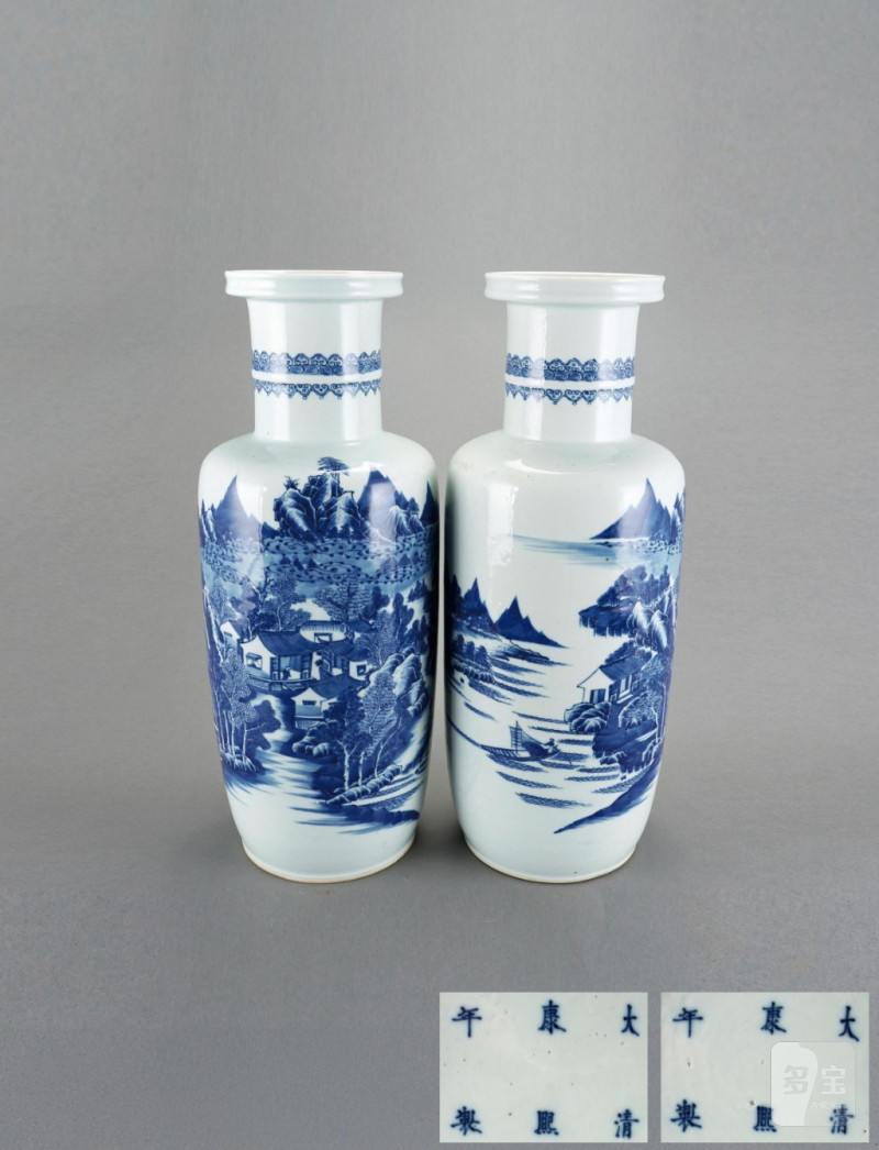    五、六十年代 青花通景山水紋棒槌瓶一對
